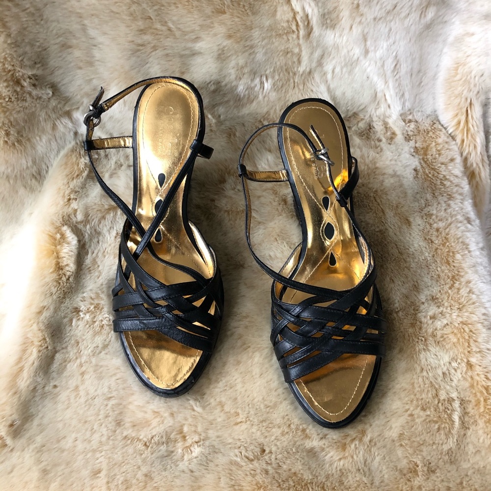 Charles David Black Strappy Leather Wedges Sz 9